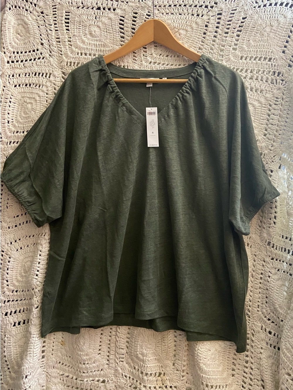 Chico’s Linen Ruched V-Neck Tee Size 4 XXL Kelp Forest NWT
